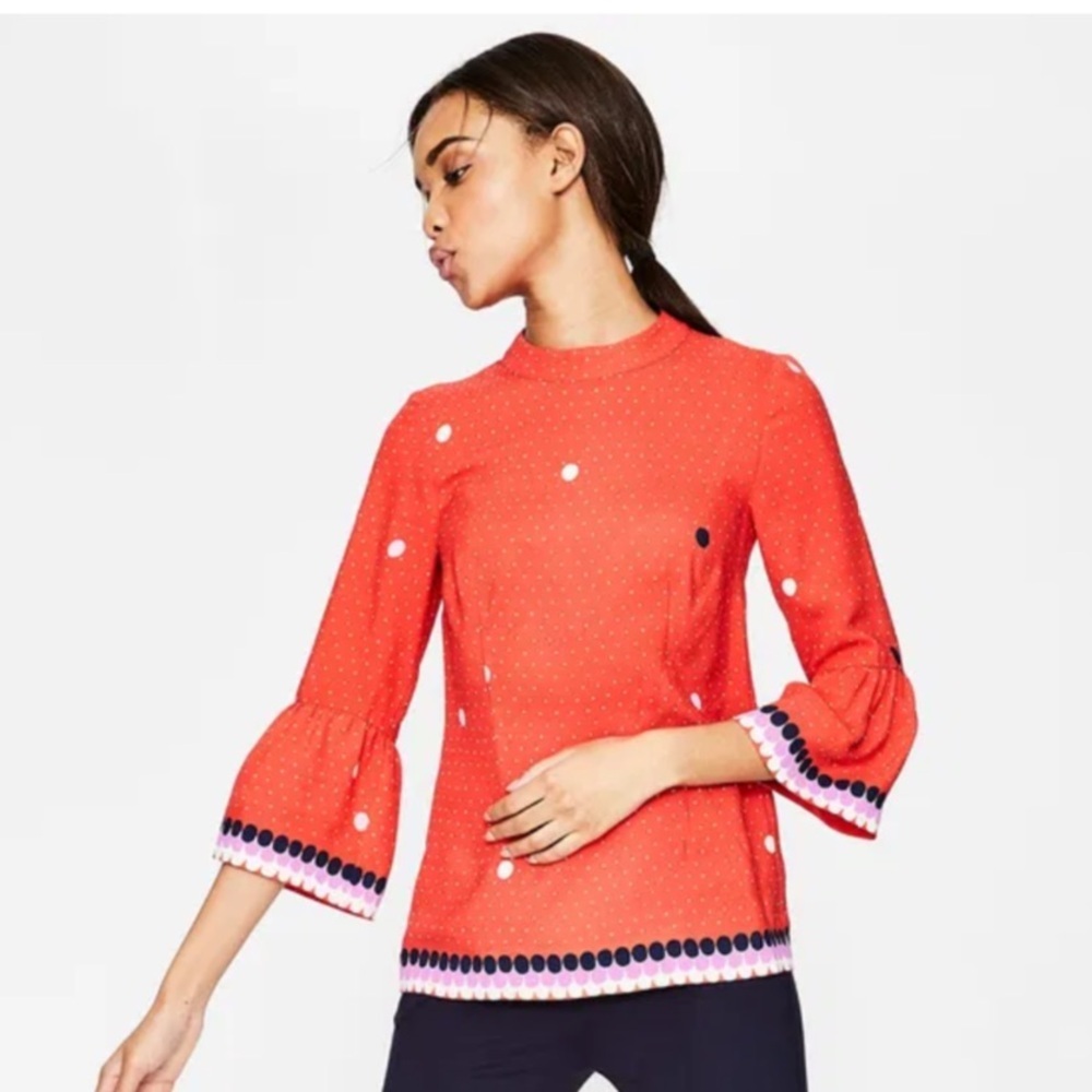 Boden Women's Armelle Red
Dot Blouse, 3/4 Length Sleeve, Mock Neck, Size 8 NWOT